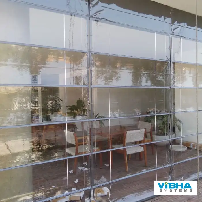 Monsoon blinds for protecting Chennai buildings from rain.